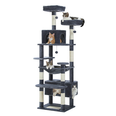 Grand arbre à chat, tour à chat de 72 pouces pour les grands chats, maisonnette pour chat avec poteaux à griffer recouverts de sisal, 2 perchoirs rembourrés, double condo et panier pour l'intérieur