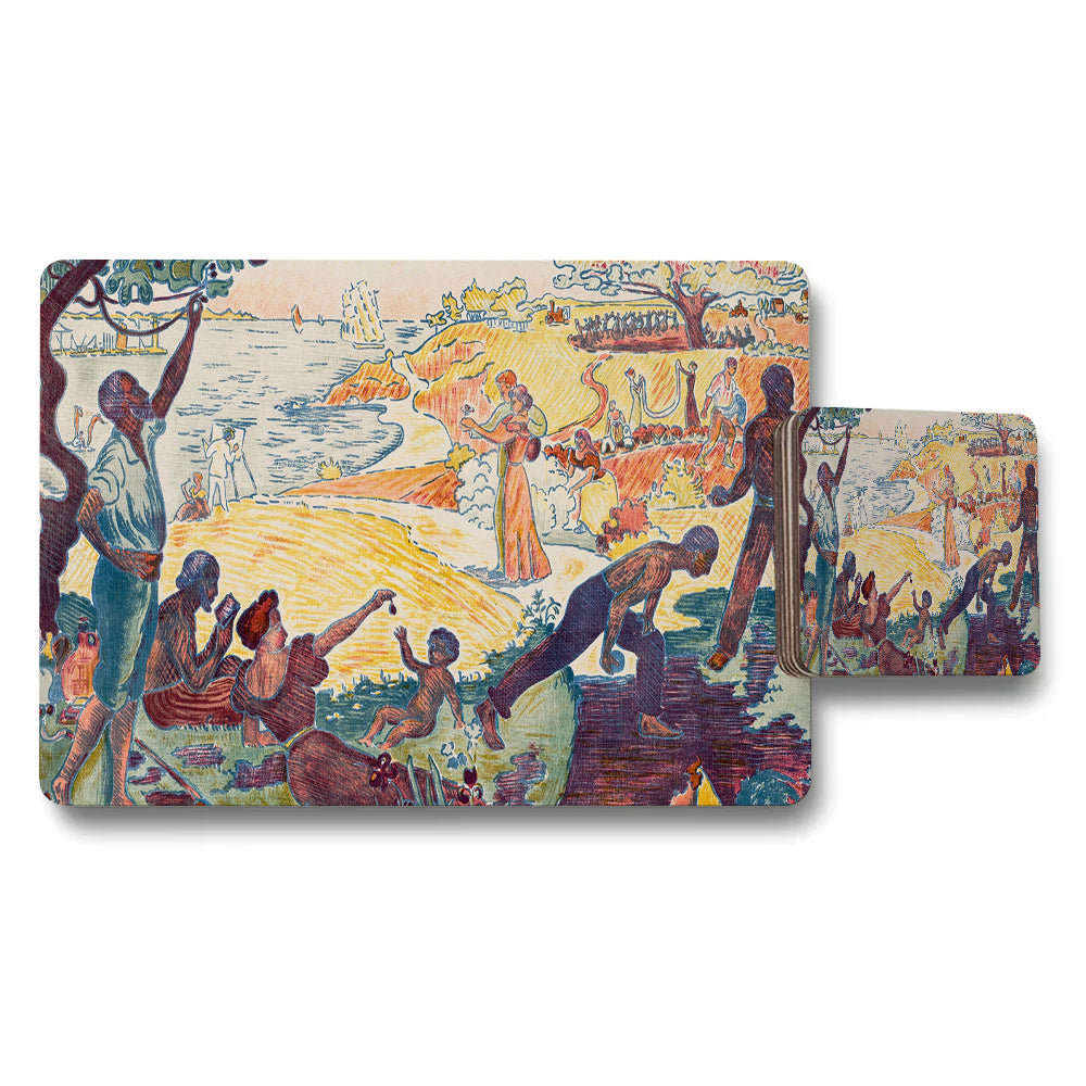 Beach Scene Placemats And Coaster Set With Vintage Art
