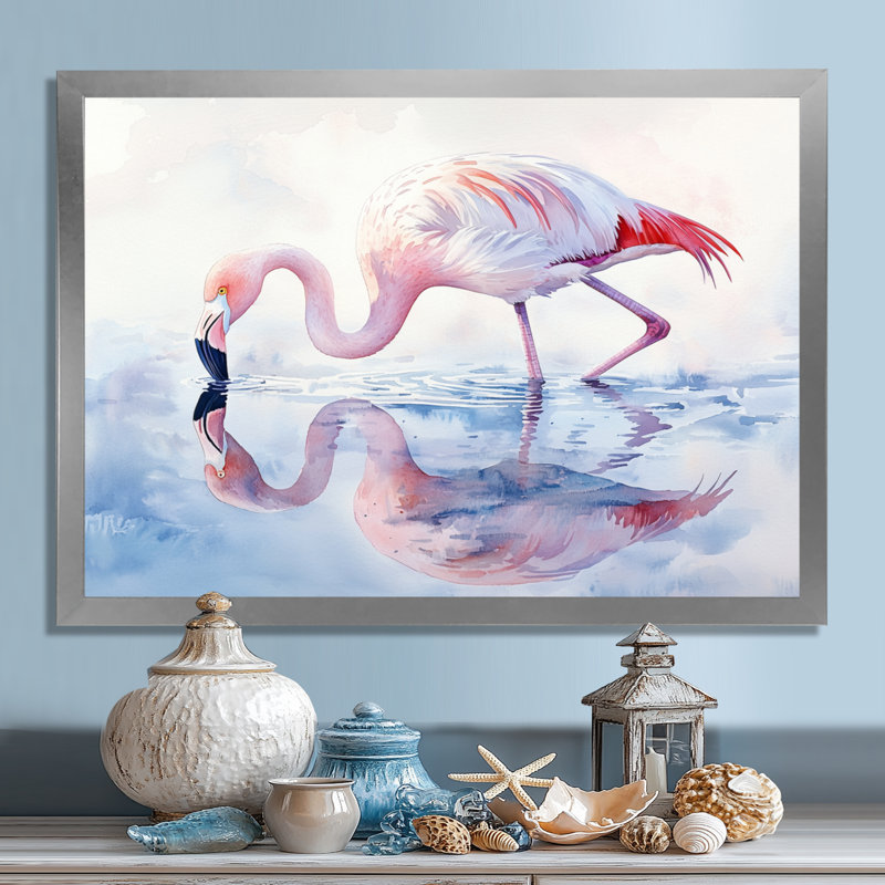 Flamingo Reflections - Art mural flamant pour salon, Argent argent, Cadre simple, H 12 po x l 20 po