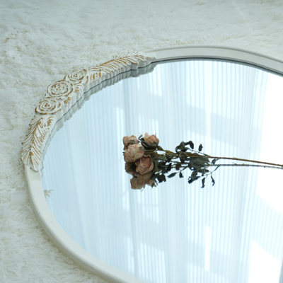Arched Wall Mirror, French Country Style Decorative Mirror with Floral Carved Top, Vintage Romantic Accent Mirror for Bedroom, Living Room, Entryway