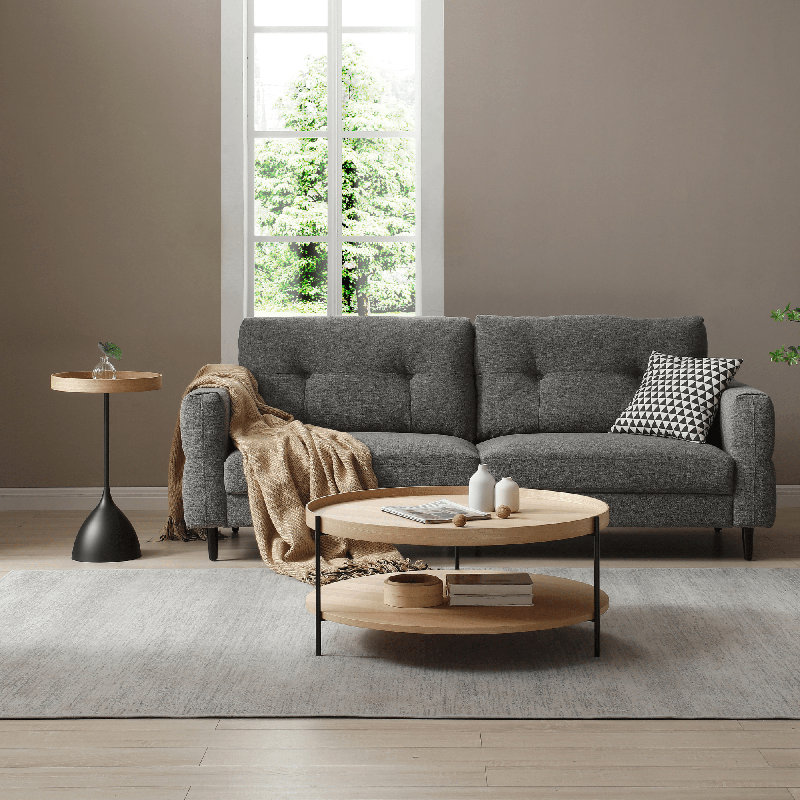 Stylish & Modern Dualta, 3 Legs Tray Top Round Coffee Table with Storage Shelf, Black, Ash, 14.96" H x 35.43" W x 35.43" D