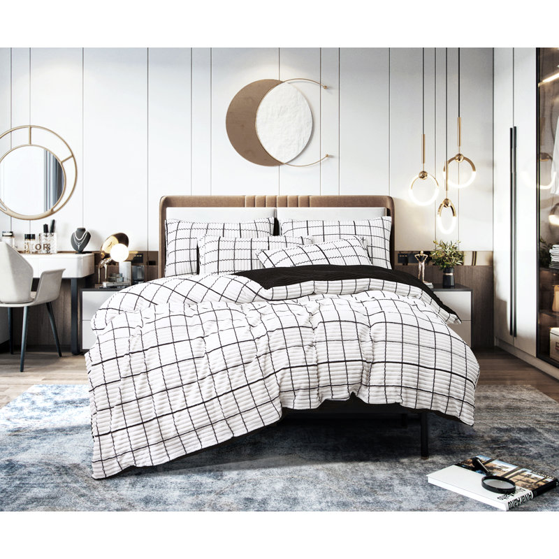 Plaid Duvet Cover Set with Pillowcases Included, Double Duvet Cover + 2 Standard Pillowcases, White