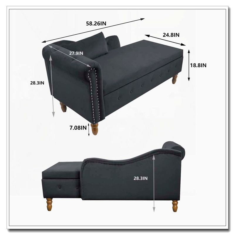 Chaise longue en velours avec rangement, coussin et garniture cloutée, Noir