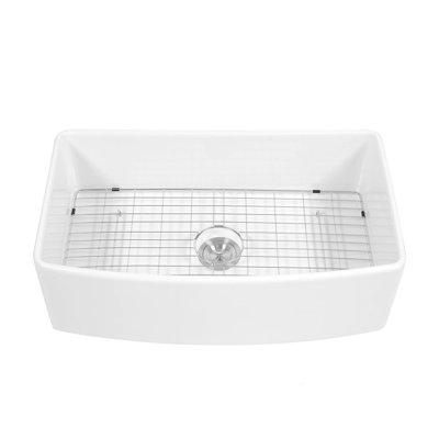 33 Inch White Ceramic Kitchen Sink With Arch Edge Apron Front, Single Bowl For Elegant Home Kitchens, And , Includes Basket Strainer Front Edge, High - Quality Long Lasting, 304 Stainless Steel Dish