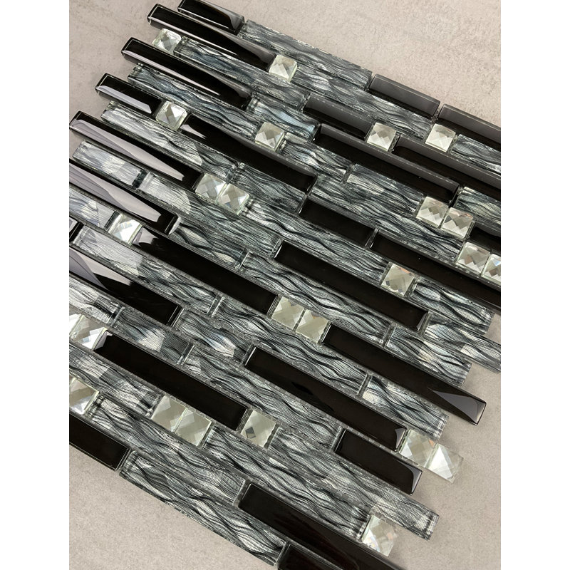 Random Sized Glass & Metal Linear Mosaic Wall Tile, Black/Silver/Gray