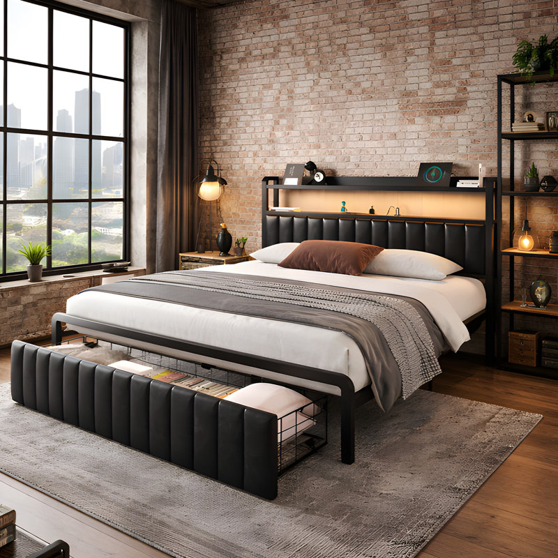 Queen Metal Platform Bed with 2-Tier Storage Headboard, Charging Station, Bed-End Drawer, LED Lights, Easy Assembly, Black