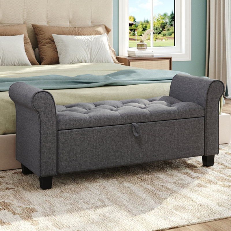 Elysian Linen Splayed Upholstered Armrest Storage Ottoman Bench Chaise, Dark Grey