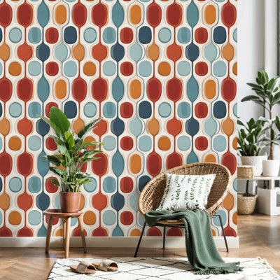 Peel and Stick Wallpaper Retro Geometric Mid Century Modern Oval Shapes Blue Red Orange Contact Paper Removable Self Adhesive Wall Mural Wall Decor for Bedroom Kitchen Cabinets 17.7in x 118in