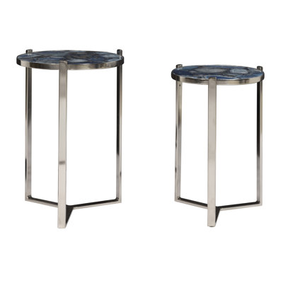 Blue Agate Gemstone Round Nesting Accent Tables