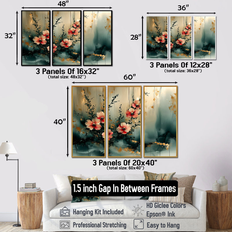 Symphonie brumeuse de fleurs fuschia abstraites II - art mural fuchsia - 3 panneaux, H 28 po x l 36 po, Brun