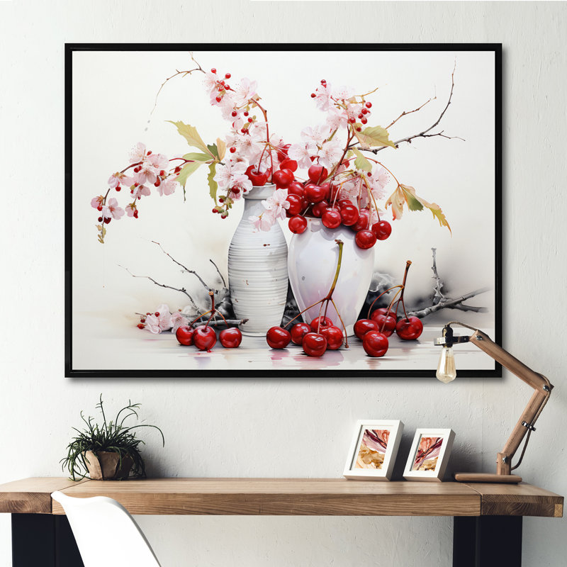 Cherry Simplicity - fruits, art mural, Cadre flottant noir, H 16 po x l 32 po x P 1 po