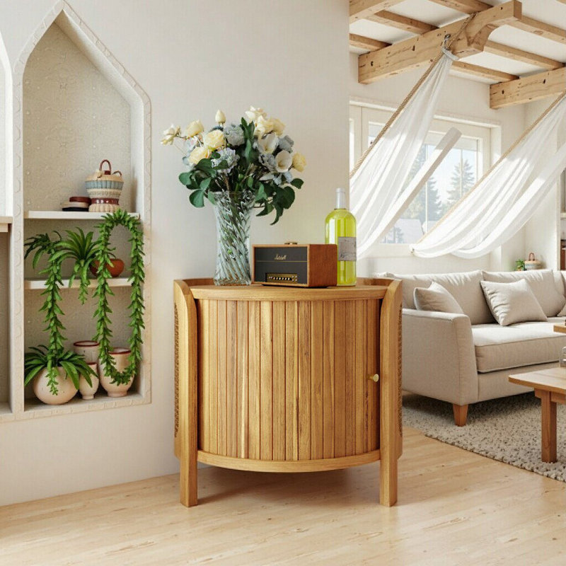 Modern Round Rotating Coffee Table With Rattan Accents & Hidden Storage
