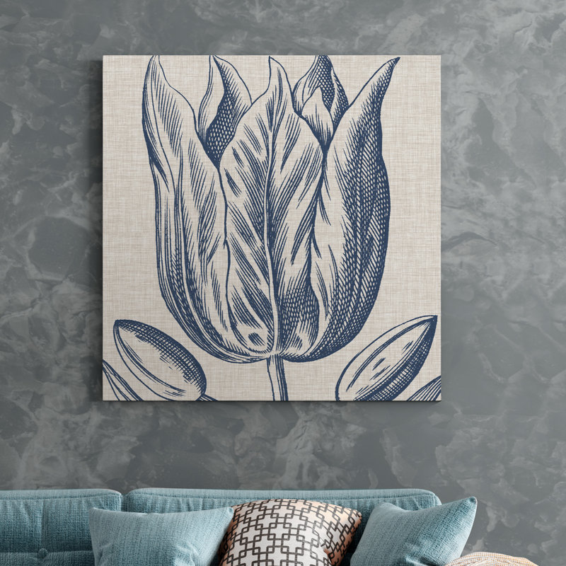 « indigo floral on lin vi », reproduction de peinture sur toile tendue, H 32 po x l 32 po x P 1 po