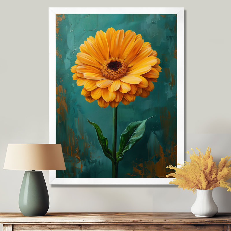 Jaune jaune noir avec fleurs de souci Marigold, H 24 po x l 32 po, Cadre simple blanc, bois massif