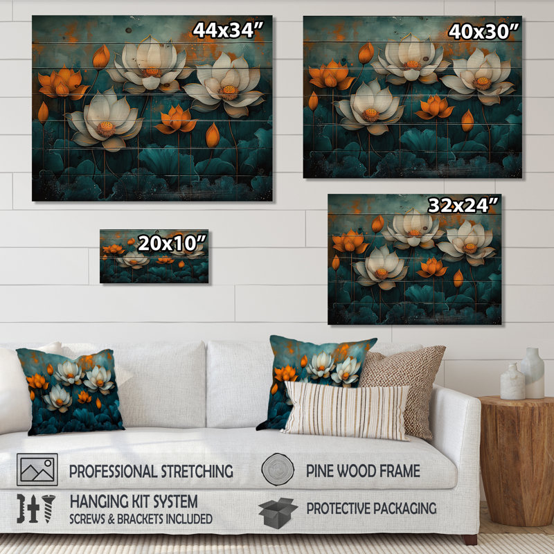 Blanc rayonnant, lotus rayonnant blanc sur bois de pin naturel, H 24 po x l 32 po x P 0,78 po