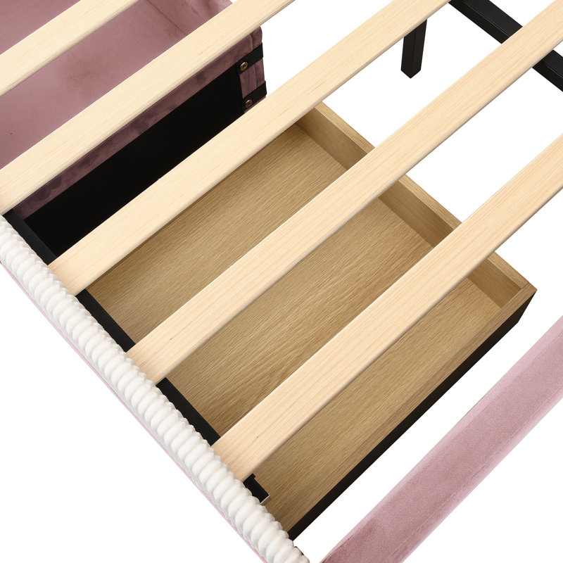 Lit bas tapissier avec tablette de rangement et tiroirs, Full, Pink;White