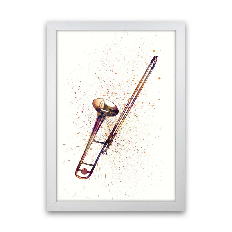 Trombone Watercolour by Michael Tompsett - Print, White Framed, 88cm H x 64cm W x 3cm D