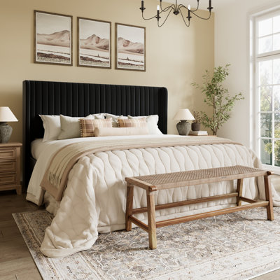 Candler Velvet Upholstered Platform Bed with Wingback Headboard and Wooden Slats