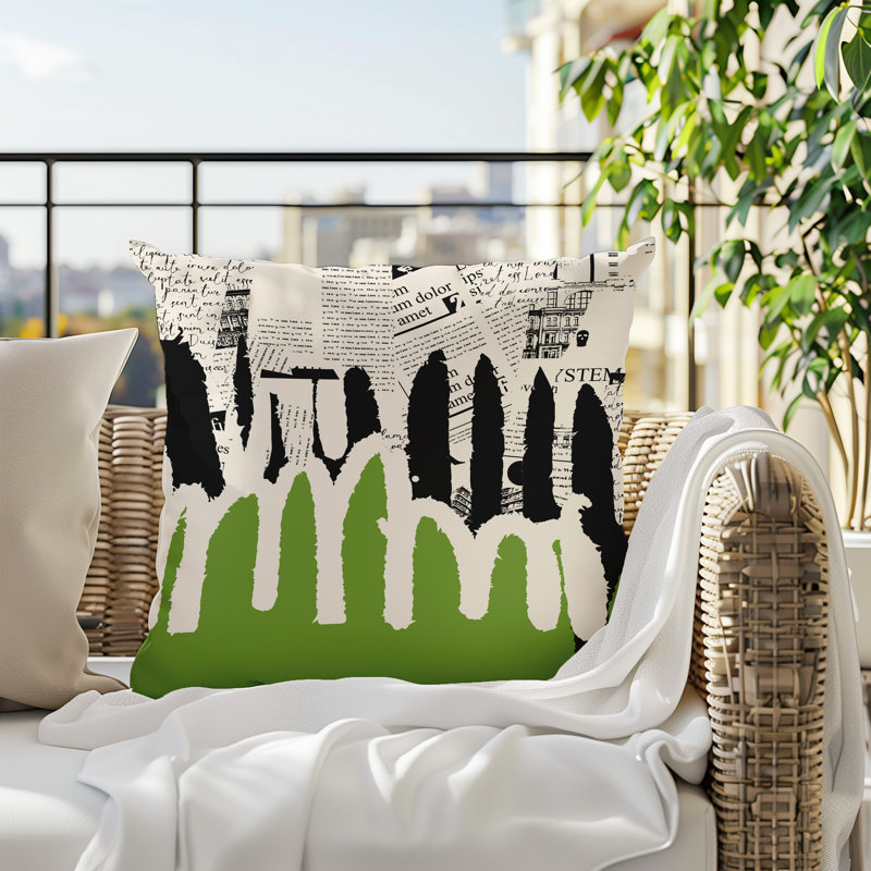 Oreiller carré réversible intérieur / extérieur Kisha, Chartreuse / noir / blanc cassé abstrait, H 15 po x l 15 po