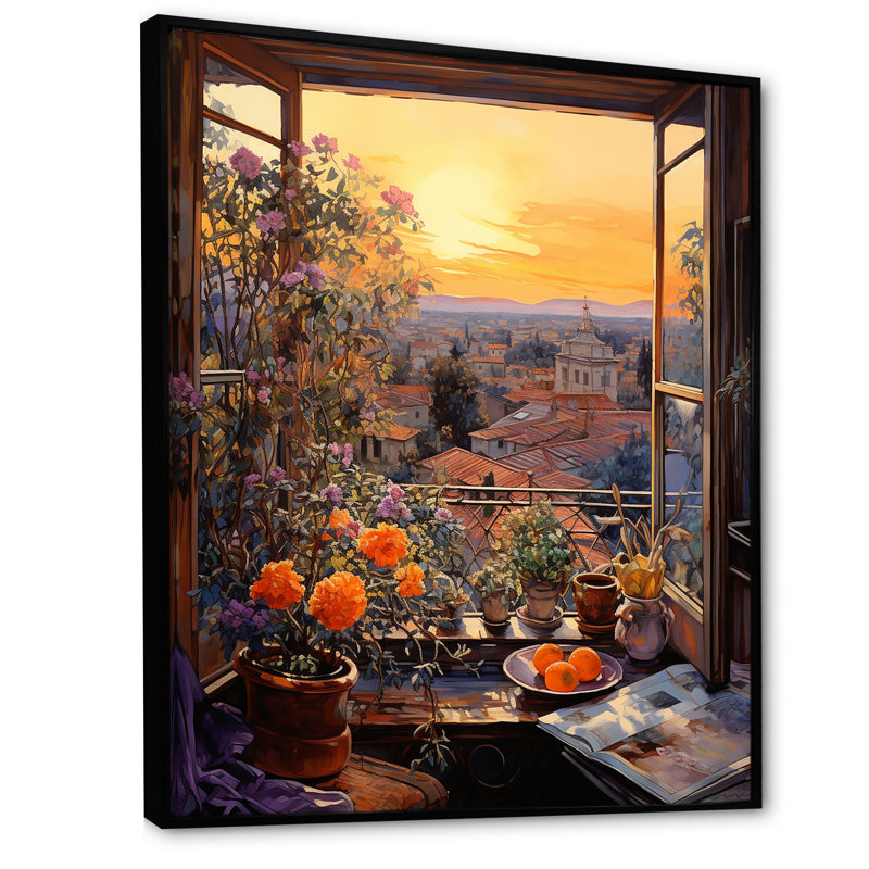 «Sunset Florals Windows View In Italy IV», art mural floral, Cadre flottant noir, H 32 po x l 24 po