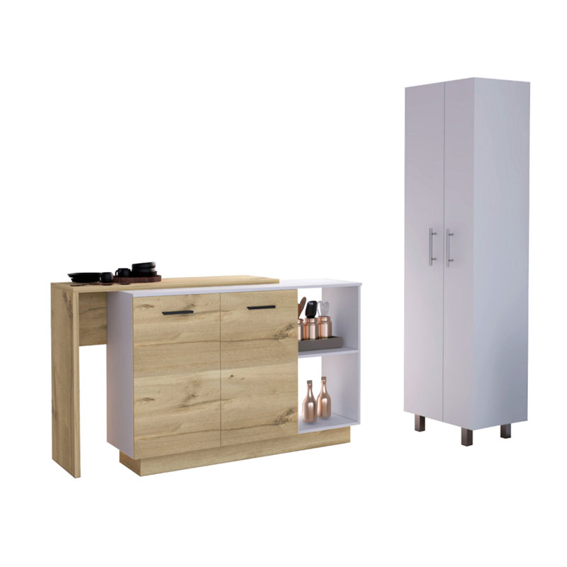 Crescent 7-Shelf 4-Door 2-piece Kitchen Set, Kitchen Island and Pantry White and Light Oak