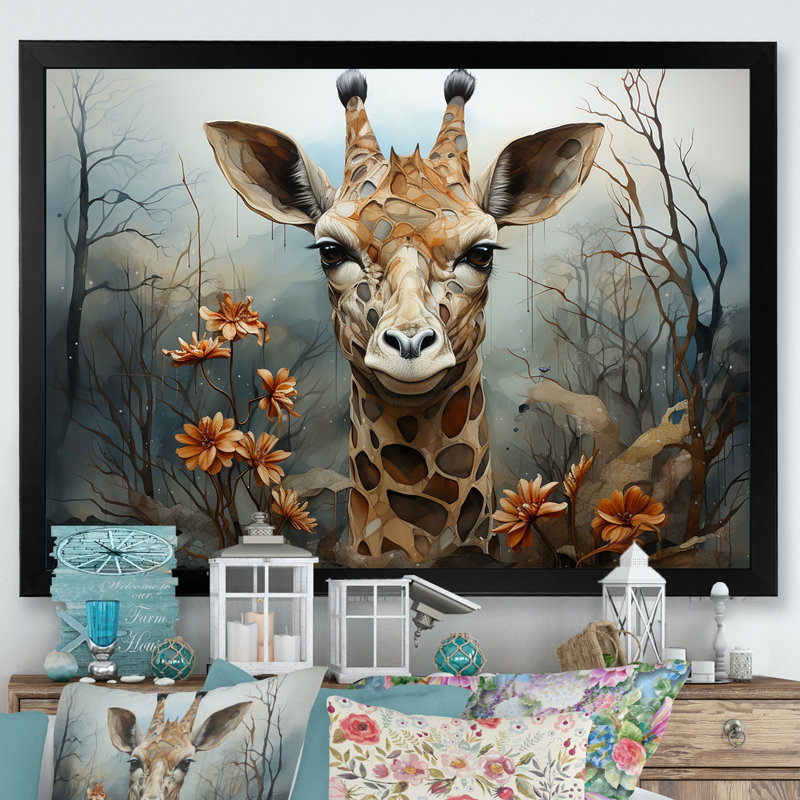 Mignonne girafe dans un champ de fleurs II, Cadre simple noir, H 34 po x l 44 po x P 1,5 po