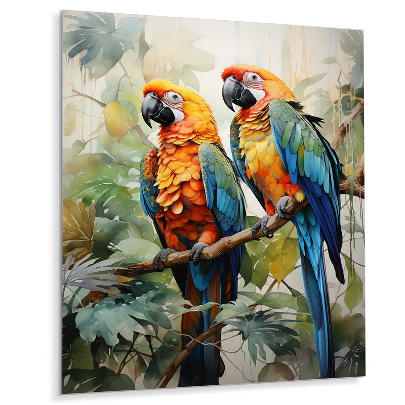 Deux perroquets sur une branche I - animaux, impressions sur métal, H 32 po x l 16 po