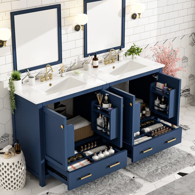 Meuble-lavabo de 60 po en bleu avec lavabos doubles en céramique et caractéristiques pratiques de l'armoire - répondez à vos exigences