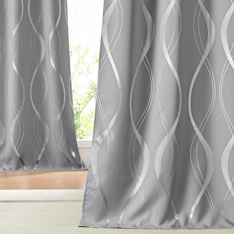 Blackout Curtains 95 inch Length 2 Panels, Silver Grey Window Treatment Thermal Insulated Soundproof Grommet Wave Line Foil Print Design Draperies for Living Room (52 inches Wide)