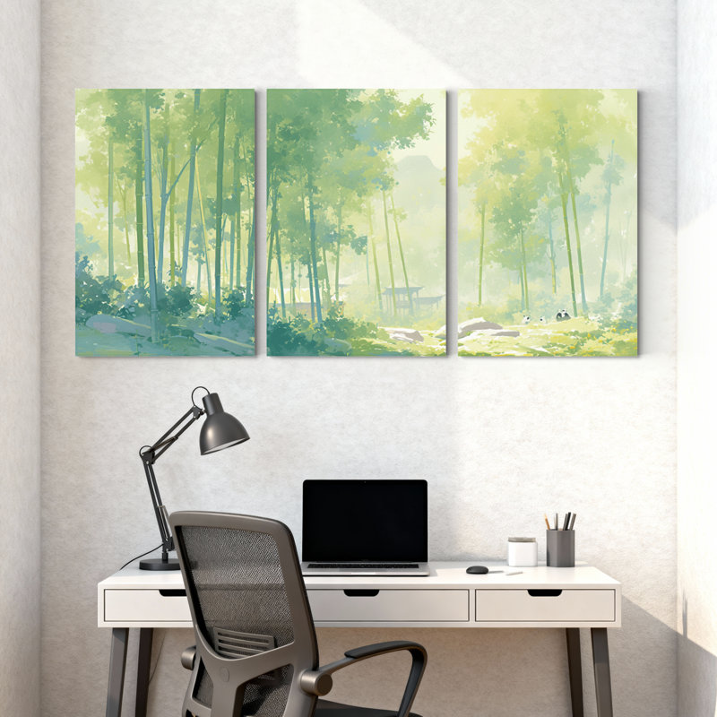 Paysage et nature, scène de forêt sereine avec lumière douce et reflets, ensemble de 3 impressions sur toile