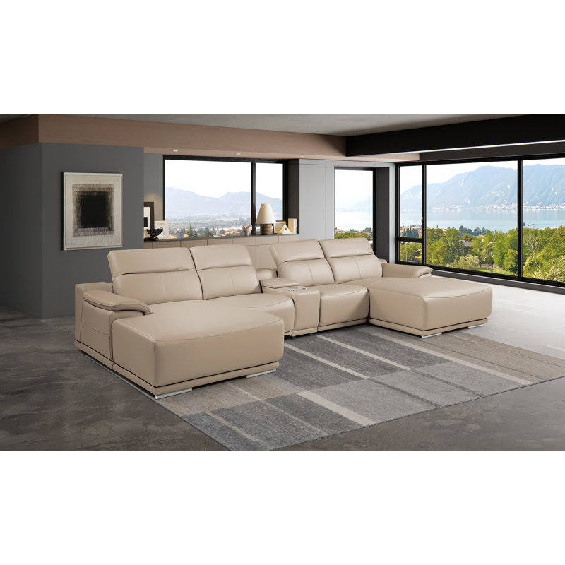 Canapé modulaire en cuir italien DivanItalia 5 pièces en forme de U avec accoudoirs réglables - disposition ouverte