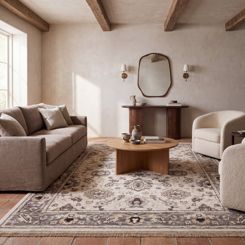 Tapis en laine beige / gris Abena, Rectangle 5 pi 3 po x 7 pi 6 po