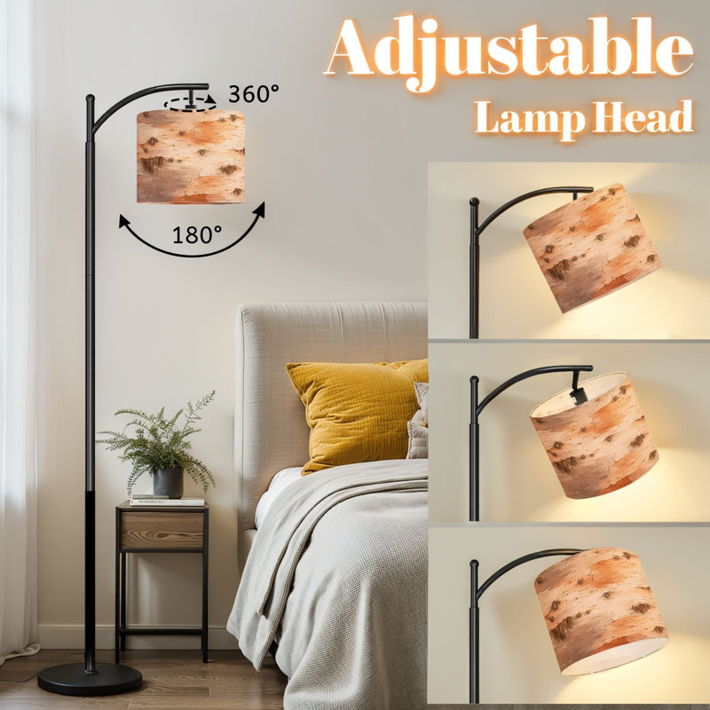 Lampe sur pied à arc avec abat-jour ajustable Lampe sur pied en bouleau, écorce, écorce, 3 couleurs, intensité variable, grand pôle avec interrupteur au pied pour la chambre à coucher
