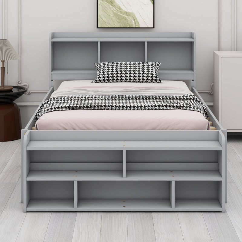 Lit avec tête de lit bibliothèque, tiroirs de rangement sous le lit et étui de rangement, Gris