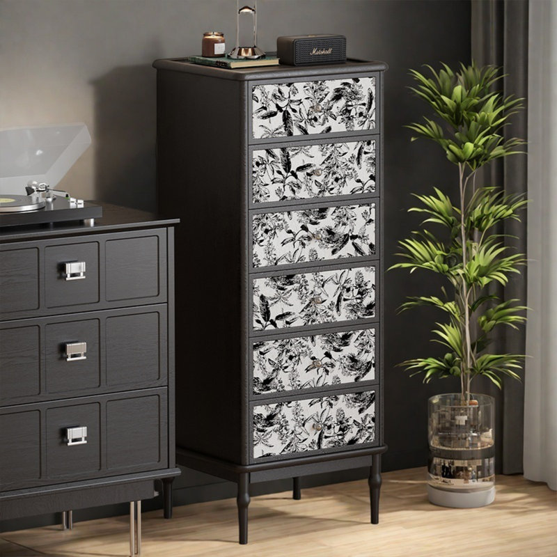 Commode décorative noire à six tiroirs en bois massif noir