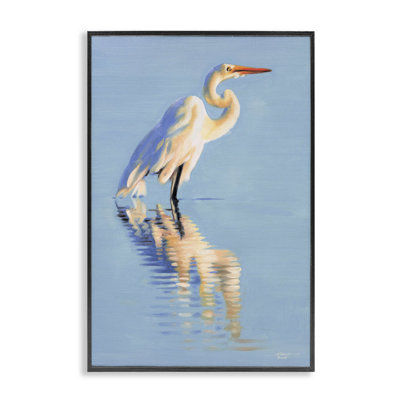 Blue Egret Reflection Grey Framed Giclee Art by D. Rust, 18" H x 12" W, Midnight Black Framed Giclee