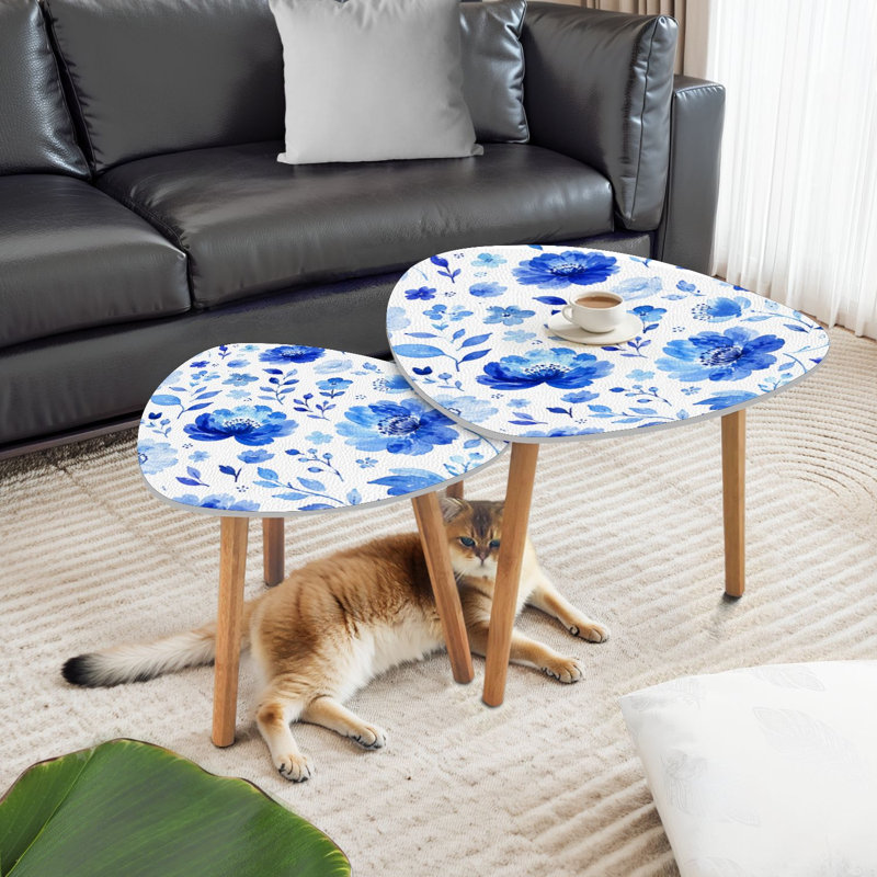 Ensemble de 2 tables basses gigognes triangulaires avec fleurs bleues aquarelles et feuilles