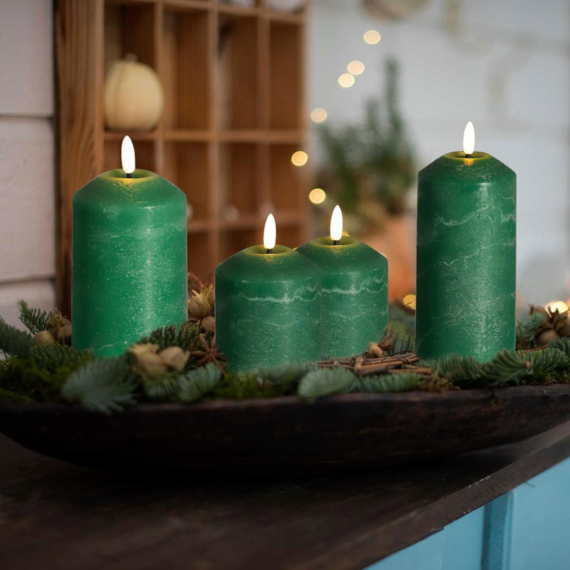 3 Pack Gold Flameless Pillar Candles with Remote: Flickering, Real Textured Wax, Battery-Operated LED Candles, Dark Green