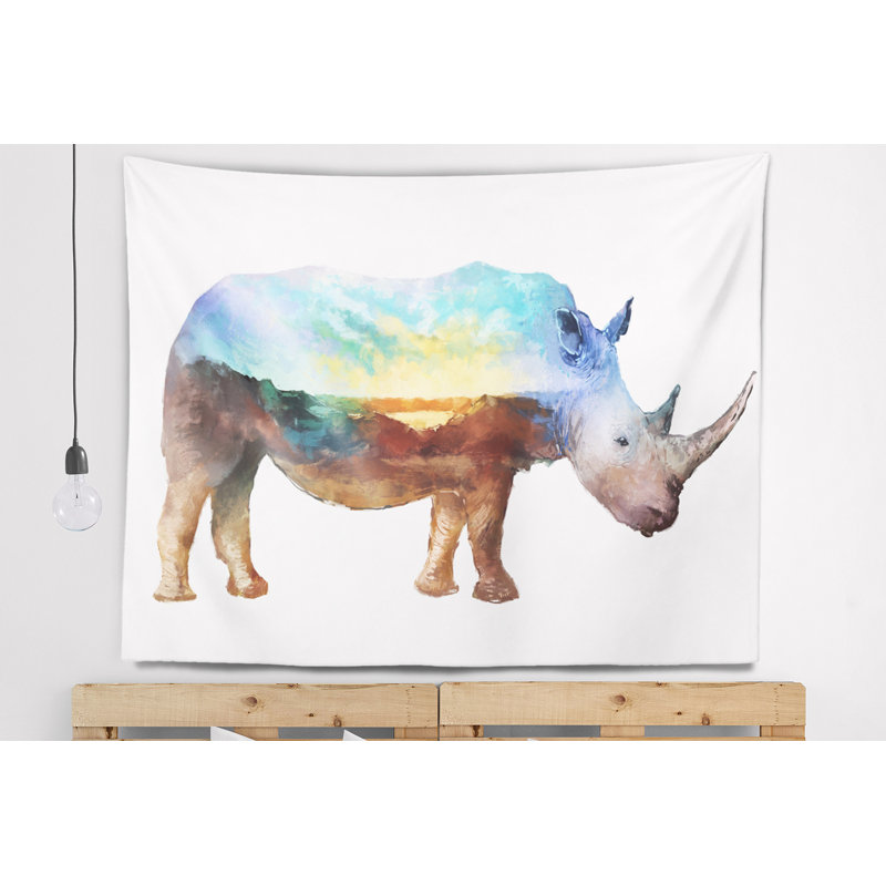 Tapisserie d’illustration à double exposition avec accessoires suspendus en polyester d’animaux rhino, H 50 po x l 60 po