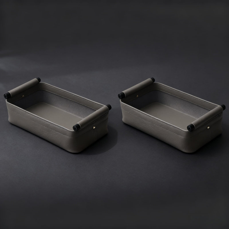Gris, 2 pièces, plateau de rangement en cuir et en métal de qualité supérieure pour les articles de bureau, les collations et le rangement à télécommande