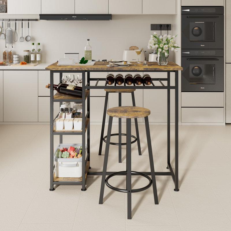 Dining Table Set for 2, Counter Height Kitchen Table and Chairs with Storage Shelves & Wine Rack, Bar Table Set with 2 Bar Stools, 3 Piece Dining Room Table Set for Small Space