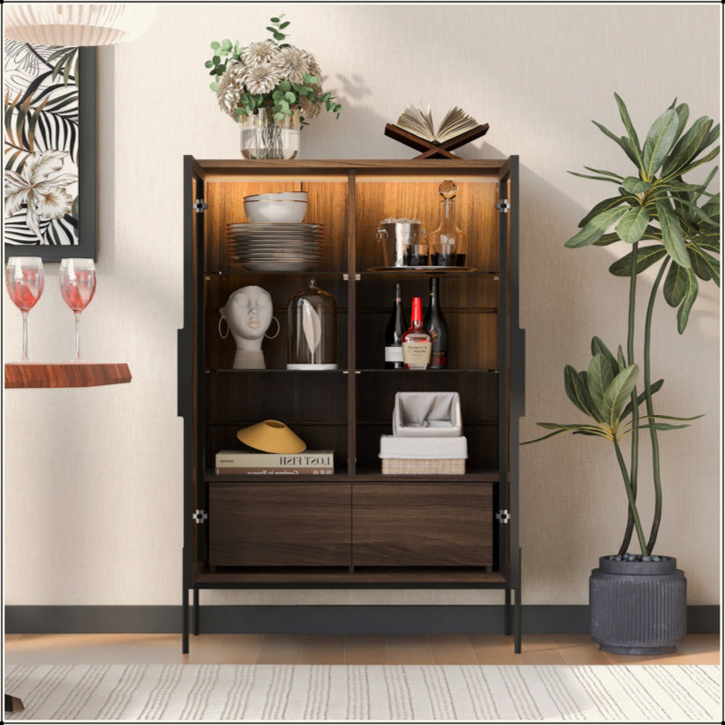 51.2'' Tall Lighted Display Cabinet With Tempered Glass Door, Metal Legs, LED Curio Cabinet, Modern Minimalist Style, For Living Room, Office, Study