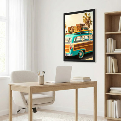 Ensemble de 1 tableau sur toile représentant une voiturette vintage en bois avec planche de surf et bagages