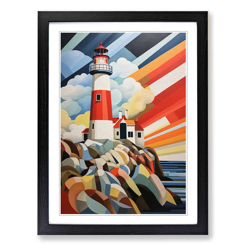 Lighthouse Constructivism - Single Picture Frame Print on Wood, 46cm H x 34cm W x 2cm D, Black