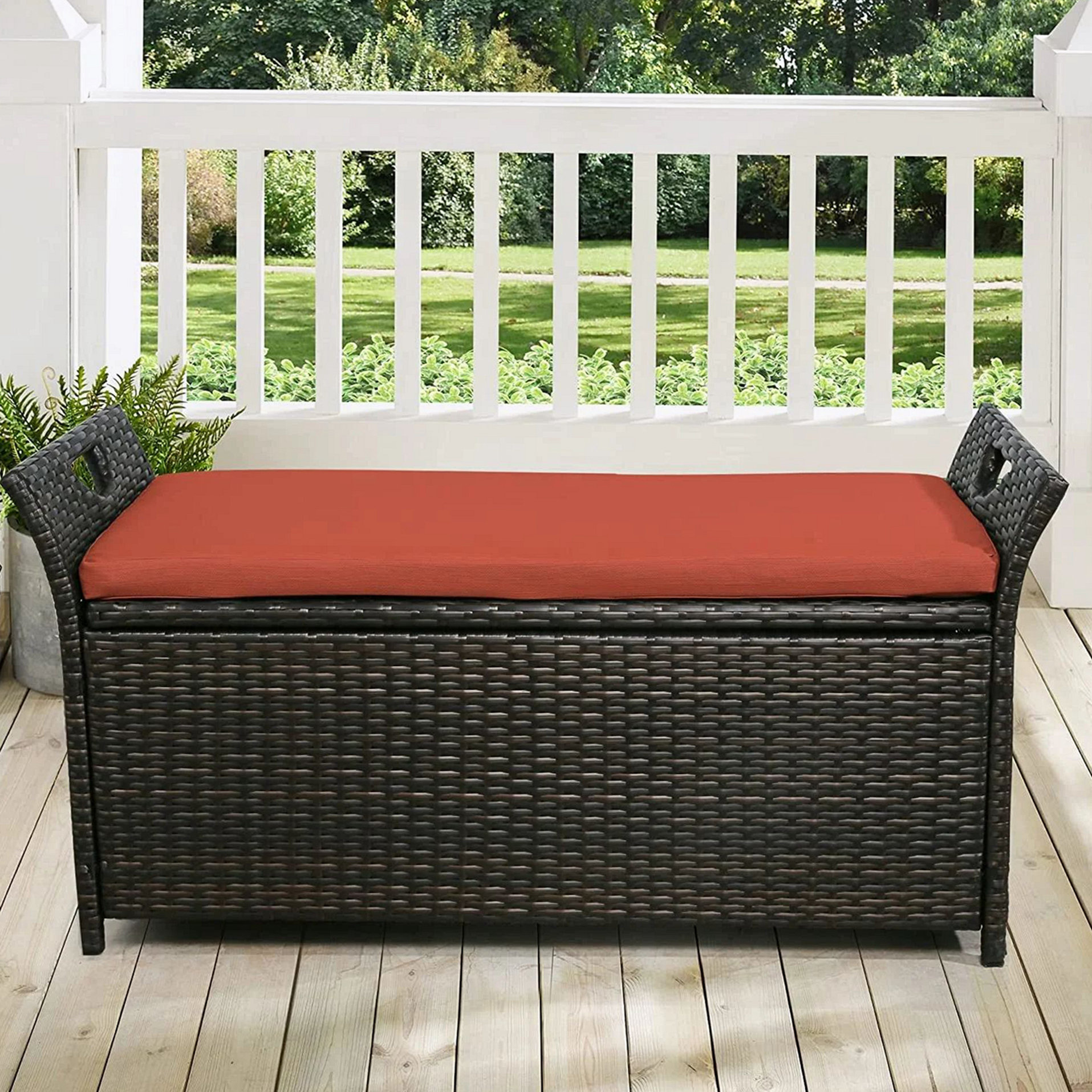 Wildon Home® Patio Wicker Storage Bench Outdoor Rattan Deck Storage Box ...