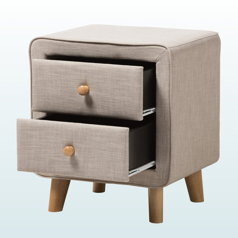 Mellow Beige Upholstered 2-Drawer Nightstand With Oak Drawer Pull, 22.74" H X 19.61" W X 15.94" D, Beige