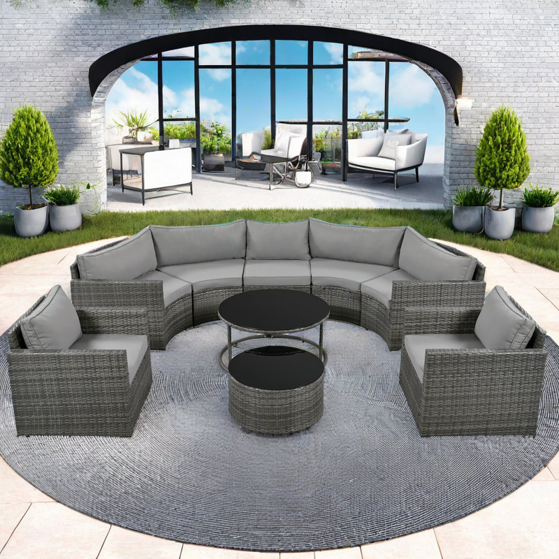 Brusnice 9-pieces Outdoor Half-moon Wicker Patio Sofa Set With 1 Nesting Coffee Table And Tempered Glass Top