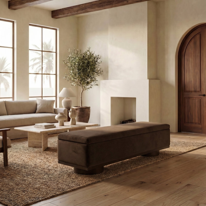 Banc de rangement rabattable, Velours brun foncé, Noyer