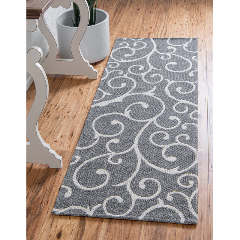 Tapis gris foncé / ivoire en coton damassé Omro, Rectangle 2 pi 2 po x 3 pi 1 po
