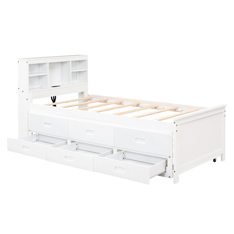 Lit plateforme simple blanc avec tête de lit gigogne à 3 tiroirs - tête de lit avec rangement en bois massif, Blanc